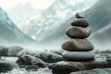 Tranquil stack of balanced stones at the edge of a serene mountain lake with misty peaks in the background