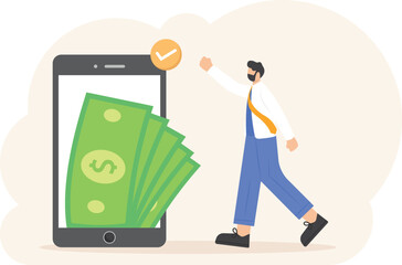 online loan application. online money making app. safe and reliable. a happy user for earning money from a mobile app. technology and finance. illustration concept design. graphic elements

