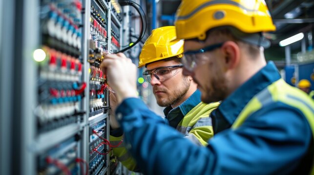 Engineers performing quality assurance checks on electrical installations.