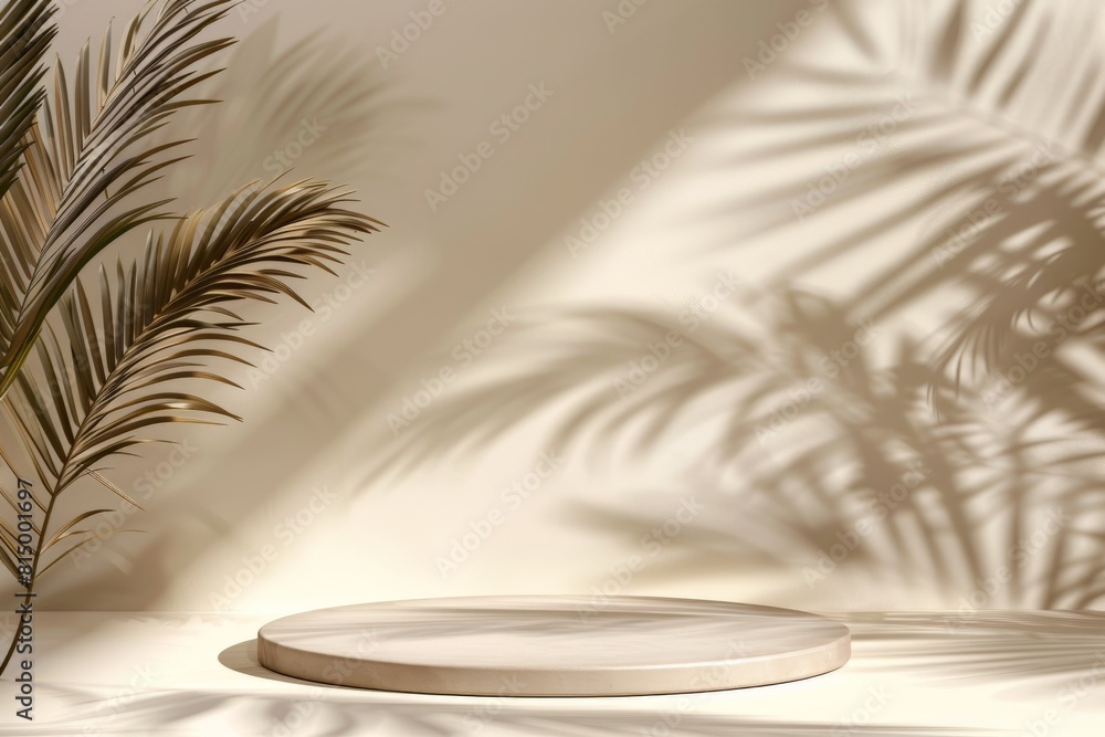 Poster The photo shows a beige podium with a palm leaf on the left side and a shadow of a palm leaf on the right side. The background is a gradient of beige and white.