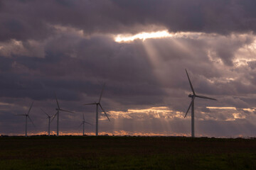 éolienne, coucher de soleil, region Pays de Loire; marais Breton; 85, Vendée, Loire Atlantique,...