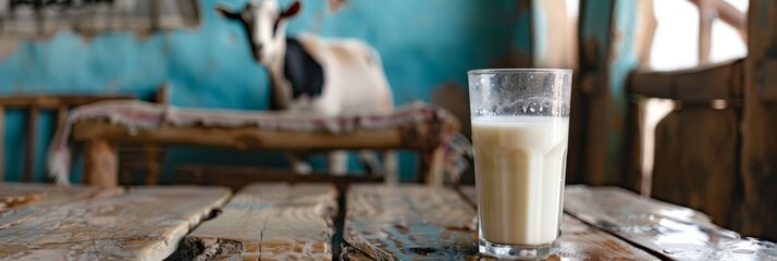 A rustic village scene captures a glass of milk on a wooden table, with a goat in the background
