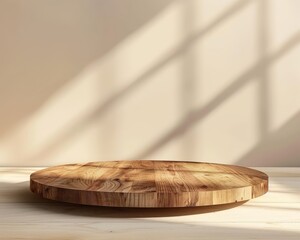The photo shows a wooden podium on a wooden floor against a beige background with shadows falling from the right side.