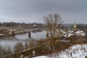 March 22, 2024. Russia. Tver region. The bridge over the Volga River in the city of Staritsa.