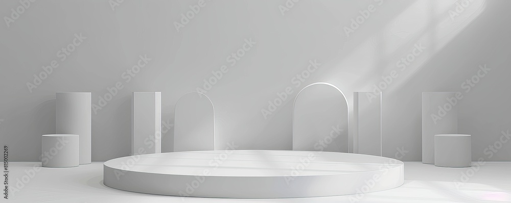 Poster white podium with geometric shapes on white background. abstract minimal scene with empty round plat