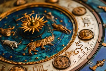 Close-up of an ornate astrological clock with zodiac signs, embodying an ancient mystical concept