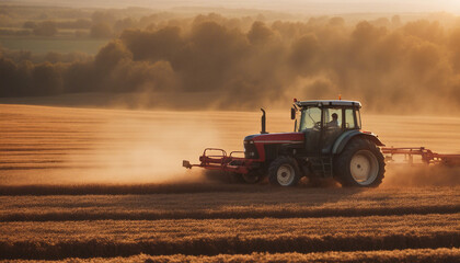 Agricultural machinery tractor on the field harvesting sowing, sunset view
