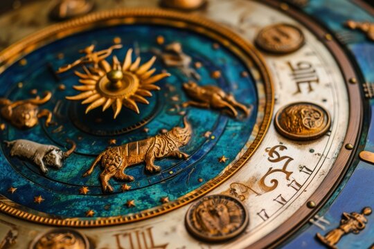 Close-up of an ornate astrological clock with zodiac signs, embodying an ancient mystical concept