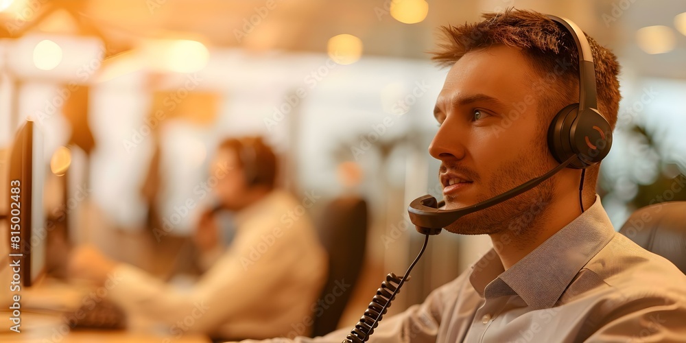 Poster man handles inboundoutbound calls for customer service tech support and sales. concept customer serv