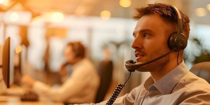 Man handles inboundoutbound calls for customer service tech support and sales. Concept Customer Service, Tech Support, Inbound Calls, Outbound Calls, Sales
