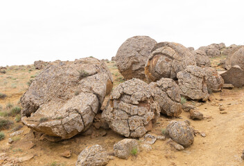 Stone balls in the Torysh valley in Aktau, western Kazakhstan. Concretions on the Ustyurt plateau in Aktau region.