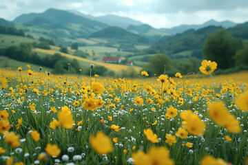 Fototapeta premium meadow of yellow flowers in the mountains.