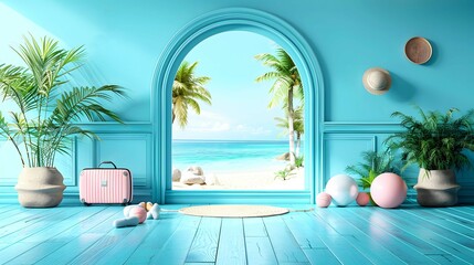 Airplane window and outside views are coconut trees and sea on red background for travel summer concept.