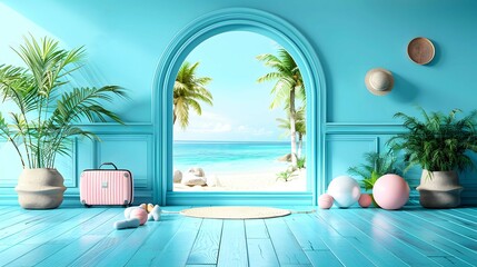Airplane window and outside views are coconut trees and sea on red background for travel summer concept.
