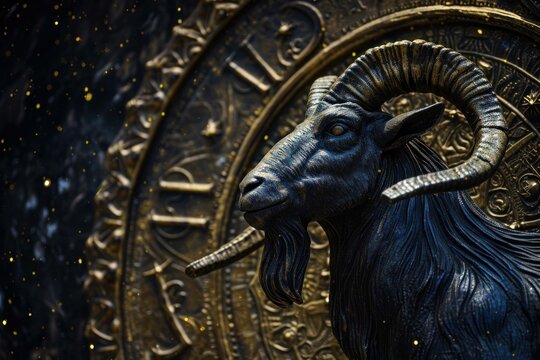 Intricate capricorn zodiac sign relief sculpture with golden accents