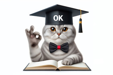 A cat wear Graduation cap with OK sign or showing okay gesture Isolated on white background
