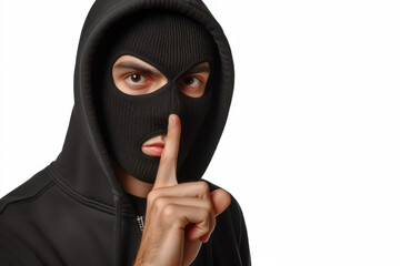 Criminal in black mask asking for silence presses his finger to his lips Isolated on white background