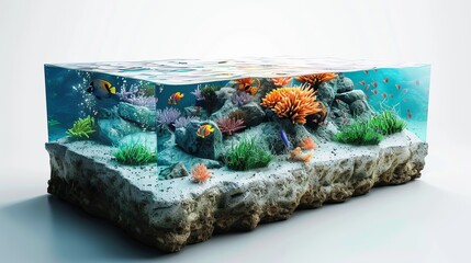 An unusual 3D illustration portrays a piece of aquarium or ocean with fishes inside, offering a unique perspective.