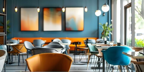 Contemporary and vibrant cafe interior with a warm and welcoming atmosphere. Concept Cafe Design, Contemporary Style, Vibrant Interior, Warm Atmosphere, Welcoming Ambiance