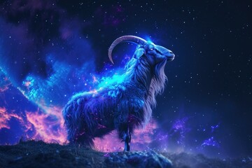 Majestic goat with a cosmic glow stands under a vibrant night sky, exuding fantasy and magic