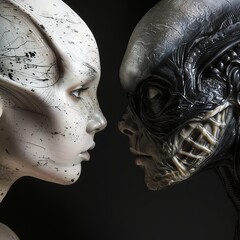 alien versus alien face to face in black background