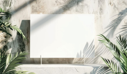 Mock up for Blank white Poster Frame in the interior with tropical flowers