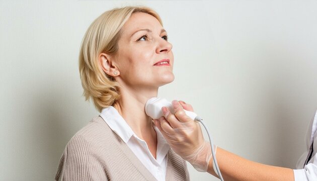 A doctor performs an ultrasound of the thyroid gland and cervical lymph nodes on a patient in a modern clinic against a light background.