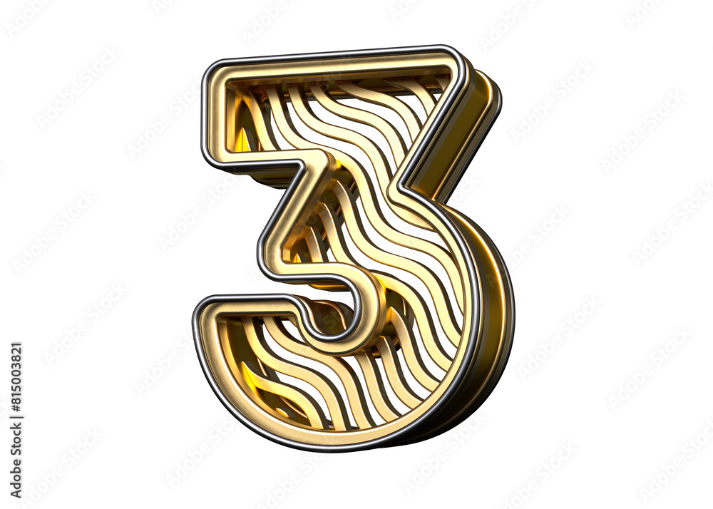 Poster font 3d in gold. number 3 with wavy line pattern. high resolution 3d rendering.