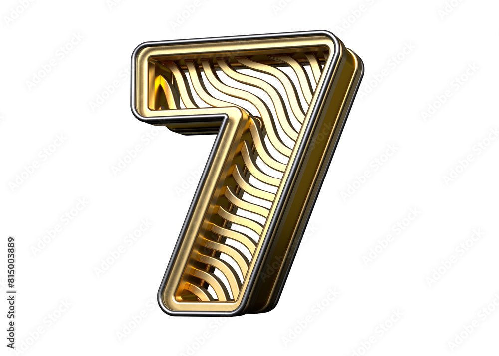 Poster 3d golden font number 7 with pattern of wavy shapes. high definition 3d rendering.