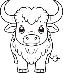 Kawaii buffalo, cartoon characters, cute lines and colorful coloring pages.