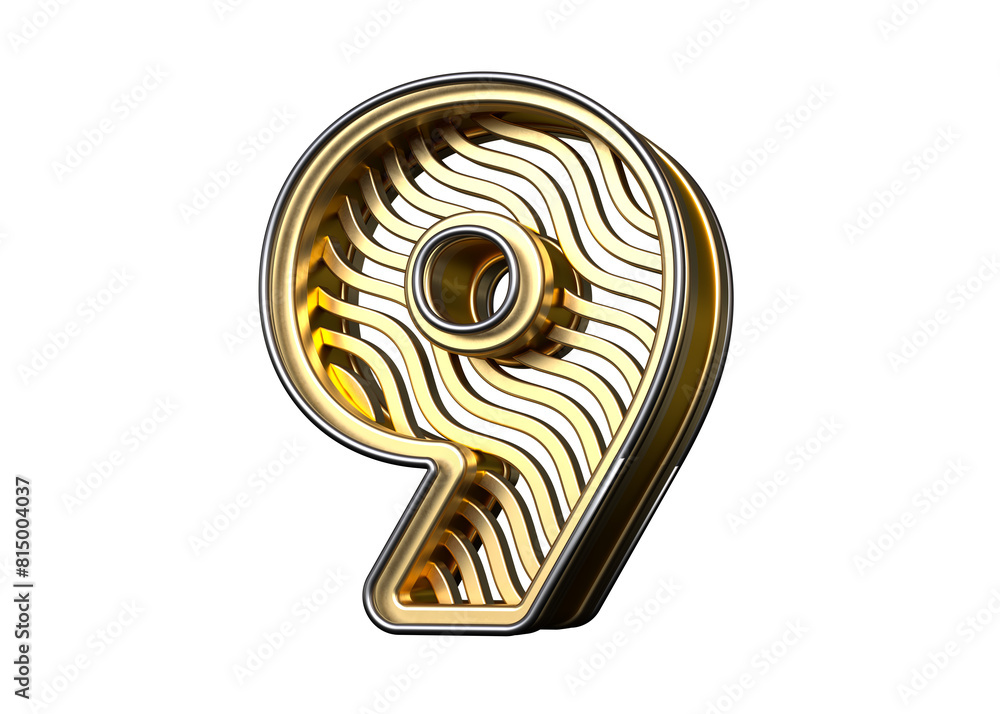 Poster 3d gold number 9 with wave pattern. high quality 3d rendering.
