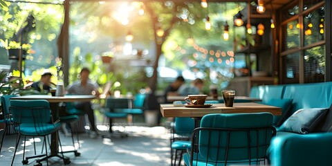 Interior of a cozy coffee shop on a sunny summer day captured in a blurred image. Concept Cozy Coffee Shop Interior, Sunny Summer Day, Blurred Image
