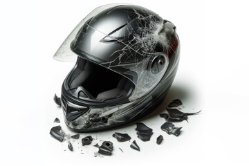 Fototapeta premium Broken after an accident Sport motorcycle helmet Isolated on white background