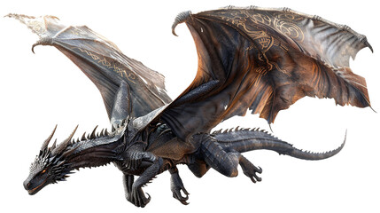 Guardian dragon with ancient runes adorning its wings in flight, isolated on transparent...