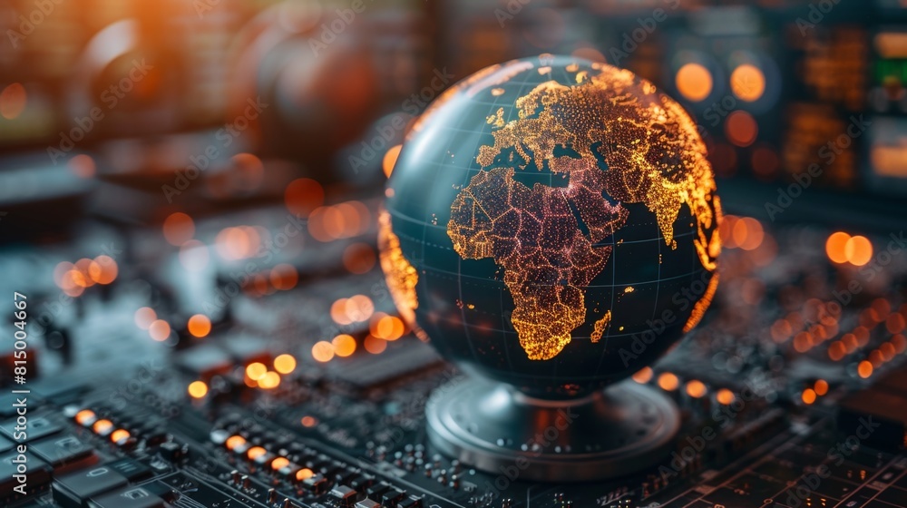 Poster a globe rests atop a computer keyboard, symbolizing interconnectedness and communication in the digi