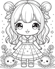 Kawaii girl, cartoon character, cute lines and colors, coloring page