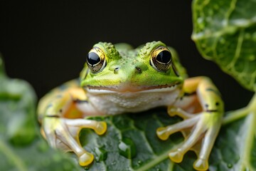 A green frog peeks out of a leaf, high quality, high resolution