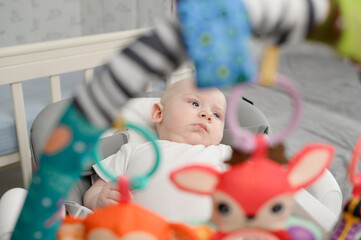 Newborn baby lies in cocoon chaise longue, infant is active, looking at multi-colored children toys...