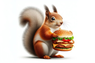 squirrel holding burger in its hand Isolated on white background