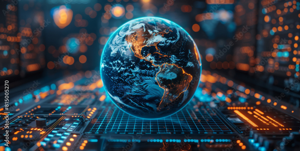 Poster the earth positioned on a computer chip, illustrating the integration of technology and our planet.