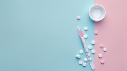 pregnancy test and control pills. top view. copy space