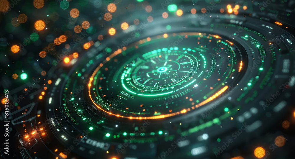 Poster a circular shape filled with gradients of green and yellow colors, creating an abstract and vibrant 