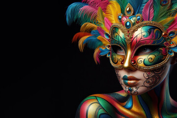 woman in a painted colorful carnival mask Isolated on black background