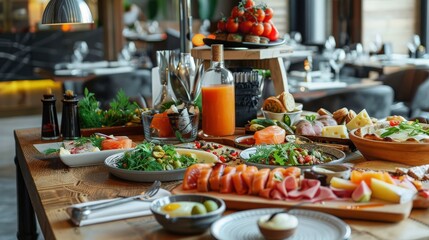 Table full of various fresh food in luxury modern restaurant. Delicious breakfast. generative ai