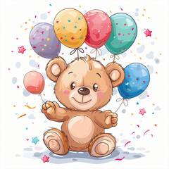 Cute teddy bear with balloons and confetti. Vector illustration.