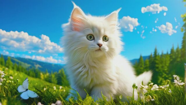 Black kitten is playing with a butterfly in a green grass.