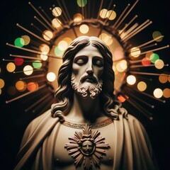 Jesus Christ statue with low key light Isolated on black bokeh glowing background