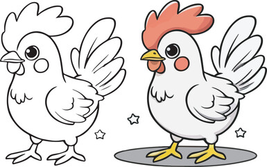 Kawaii hen, cartoon character, cute lines and colors, coloring page