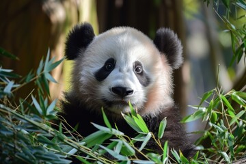 Close-up of a cute panda cub munching on bamboo leaves, with a soft-focus background