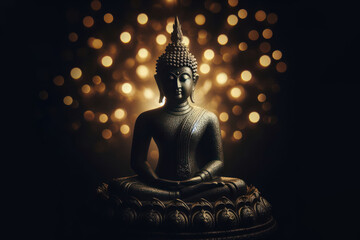 Buddha statue with low key light Isolated on black bokeh glowing background